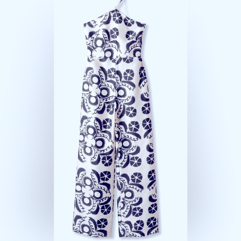 Mango White and Black Floral One-Shoulder Jumpsuit
